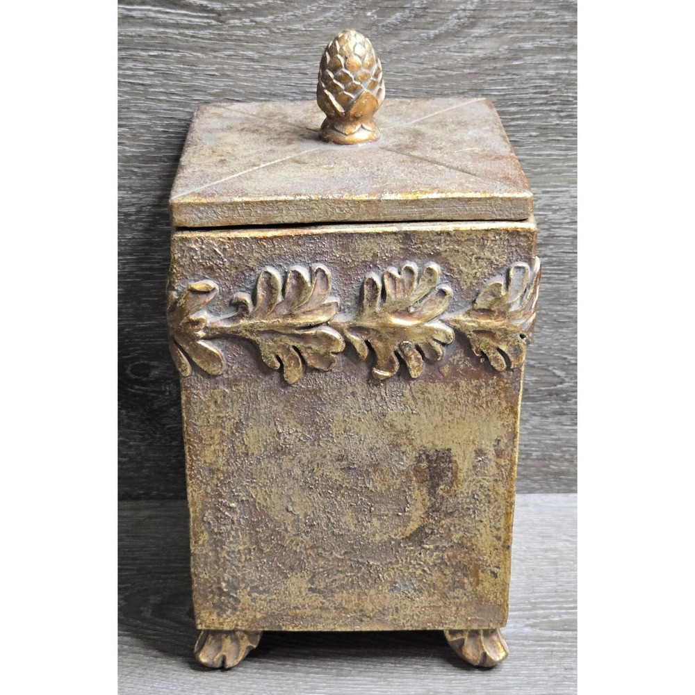 Vintage Gold Acorn Oak Leaf Lidded Canister Jewelry Trinket Box Autumn Decor